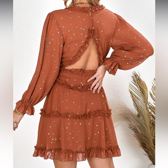 Ruffled V-Neck Dress | Amazon | Burnt Orange | M - Picture 2 of 12